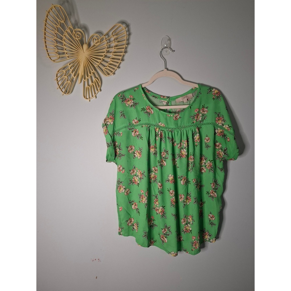 Loft Green Floral Short Sleeve Blouse Crochet Lace Trim Keyhole Back L